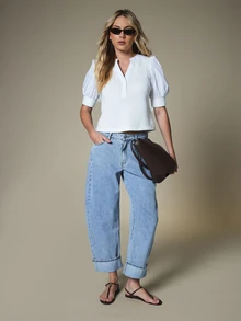 KSTM Puff Sleeve Notch Neck Mixed Texture Crop Blouse With Waffle Knit Body And Woven Sleeves For Spring Summer - White - View 3