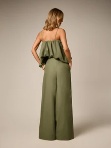 AiiRZ Puffball Ruched Crop Cami Top And Wide Leg Pleated Trouser Co-Ord Two Piece Set Summer Holiday - Army Green - View 2