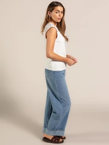 Rouah Jeans cómodos y holgados de pierna ancha con dobladillo enrollado para mujer - Jeans de vacaciones, jeans diarios, denim casual, denim de verano, denim de otoño - Lavado ligero - Ver 7
