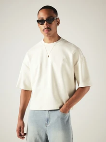SUMWON Oversized Boxy Crop Tee With Old English LA Embroidery Front Chest And Back Logo Print - Beige - View 5