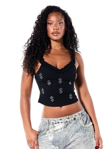 SUMWON WOMEN Dollar Sign Rhinestone Embellished Black And Silver Crop Cami Top With Sweetheart Neckline And Ruffle Trim Straps Going Out Summer Y2k 90s Inspired - Black - View 5
