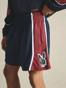 PLAYBOY X SUMWON Bunny Logo Mesh Athletic Shorts Color Block Navy Burgundy With White Stripe Detail Elastic Waist Summer Festival - Multicolor - View 1