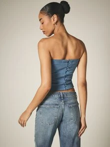 KSTM Strapless Ribbed Knit Corset Crop Top With Button Back Closure Fitted Tube Bandeau Summer Night Out Style - Dusty Blue - View 3