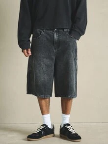 PLAYBOY X SUMWON Shorts Denim Jorts Lavados em Ácido com Bordado de Coelho, Perna Larga, Estilo Carpinteiro, com Bolso Patch, Pronto para Festival de Verão - Preto - Visão 4