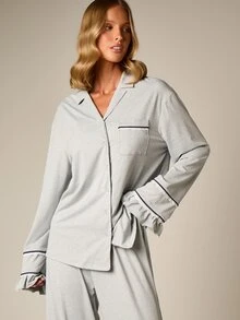 AiiRZ Soft Knit Button-Down Pajama Set With Notch Collar Ruffle Cuffs And Wide Leg Trouser Bottoms Lounge Co-Ord - Grey - View 2