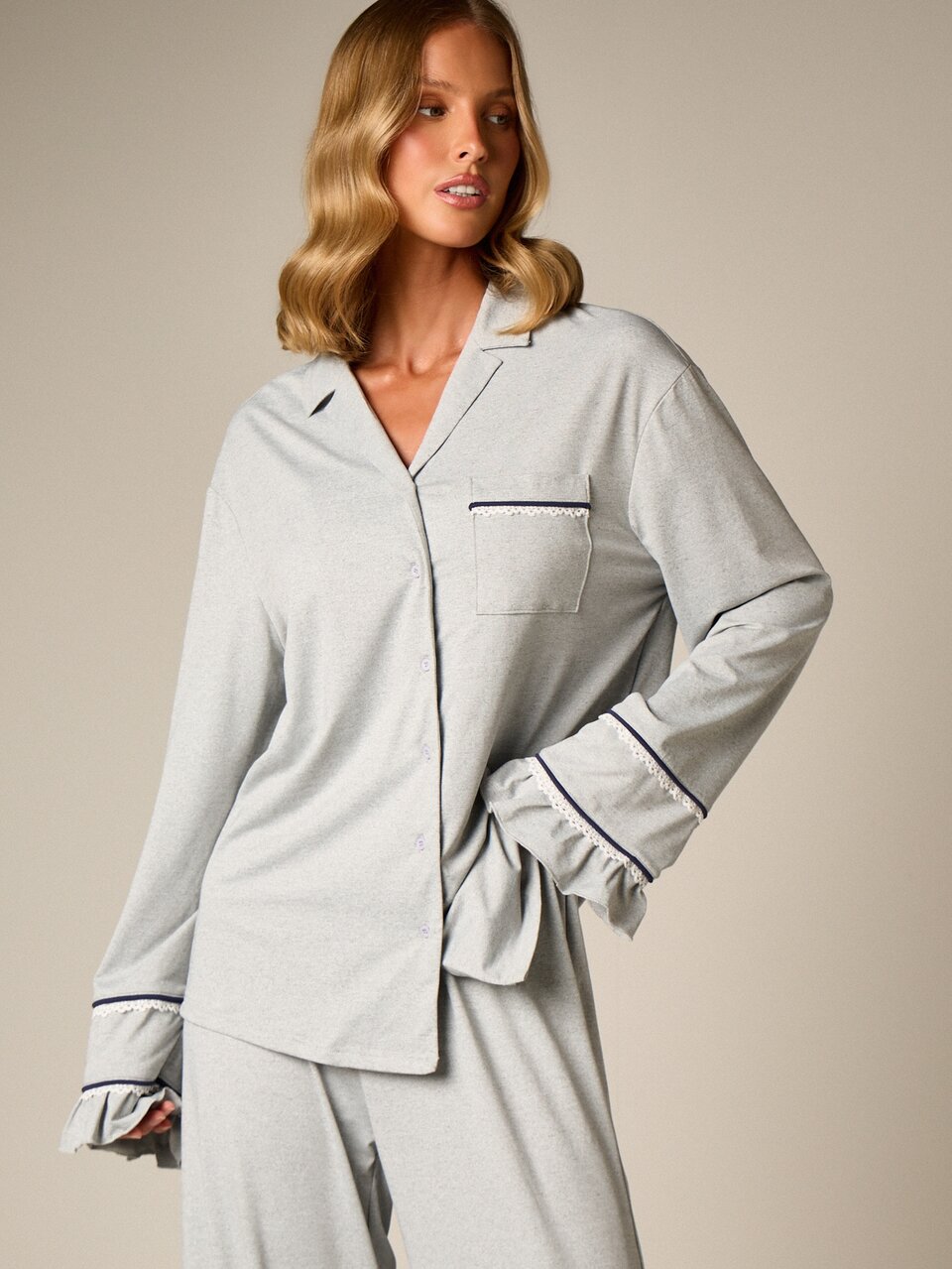 AiiRZ Button-Down Pajama Shirt And Wide Leg Trouser Set With Ruffle Trim