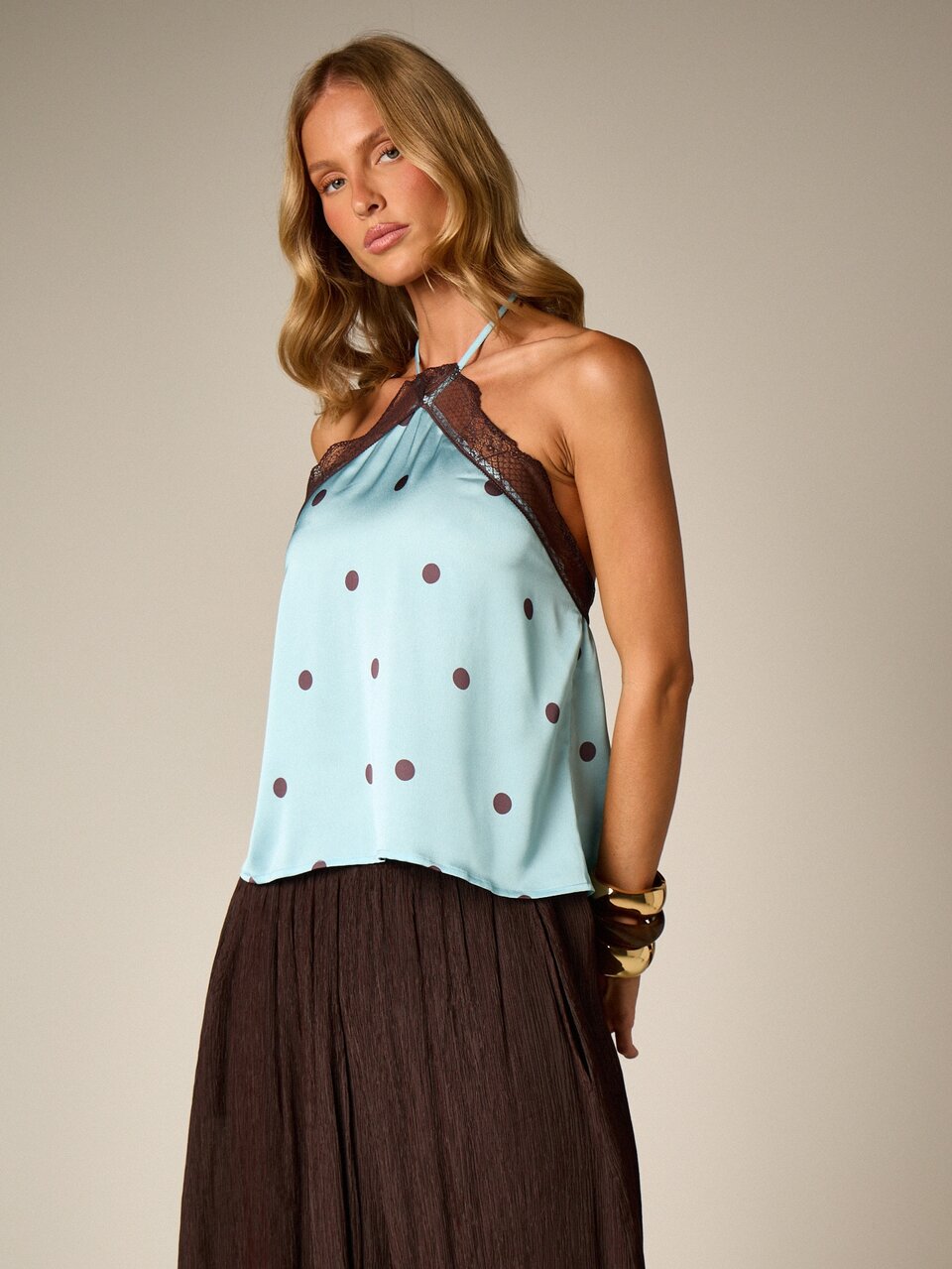 AiiRZ Polka Dot Halter Cami With Lace Trim