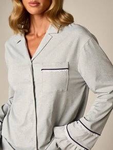 AiiRZ Soft Knit Button-Down Pajama Set With Notch Collar Ruffle Cuffs And Wide Leg Trouser Bottoms Lounge Co-Ord - Grey - View 4