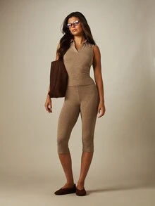 MISSGUIDED 無袖領口V領連身褲套裝，配短款七分緊身褲，休閒夏季套裝兩件式穿搭 - 淺灰色 - 查看 3