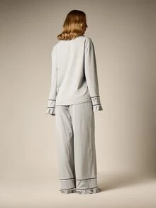 AiiRZ Soft Knit Button-Down Pajama Set With Notch Collar Ruffle Cuffs And Wide Leg Trouser Bottoms Lounge Co-Ord - Grey - View 3