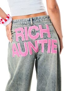 SUMWON WOMEN Rich Auntie Applique Wide Leg Baggy Jeans With Bold Back Text Print, Full Length, Low Rise, Vintage Wash Denim - Blue - View 1