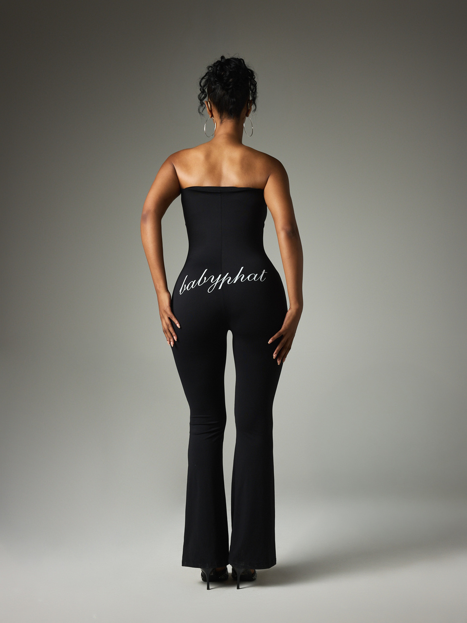 BABYPHAT Strapless Flare Jumpsuit With Logo Print Front And Back Full Length One-Piece Jumpsuit