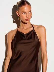 KIZN Satin Halter Mini Dress With Cowl Neck, Open Back, And Macrame Fringe Hem Detail - Chocolate Brown - View 5