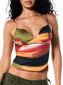 SUMWON WOMEN Abstract Watercolor Print Sweetheart Neckline Ruched Spaghetti Strap Crop Cami Top Summer Festival Night Out - Multicolor - View 4