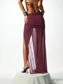 KIZN Ruched High Slit Maxi Skirt With Mesh Overlay And Low Rise Waistband For Party And Night Out - Burgundy - View 2