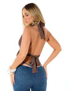 BABYPHAT Halter Neck Deep V Backless Top With Ring Detail And Tie Back Closure Summer Night Out Party Top - Chocolate Brown - View 2