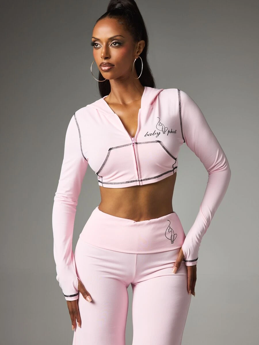 BABYPHAT Cropped Long Sleeve Zip-Up Hoodie With Contrast Stitching And Logo Print For Casual Everyday Wear - Baby Pink - View 1
