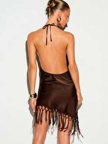 KIZN Satin Halter Mini Dress With Cowl Neck, Open Back, And Macrame Fringe Hem Detail - Chocolate Brown - View 3