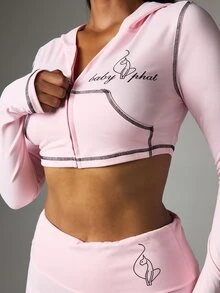 BABYPHAT Cropped Long Sleeve Zip-Up Hoodie With Contrast Stitching And Logo Print For Casual Everyday Wear - Baby Pink - View 2