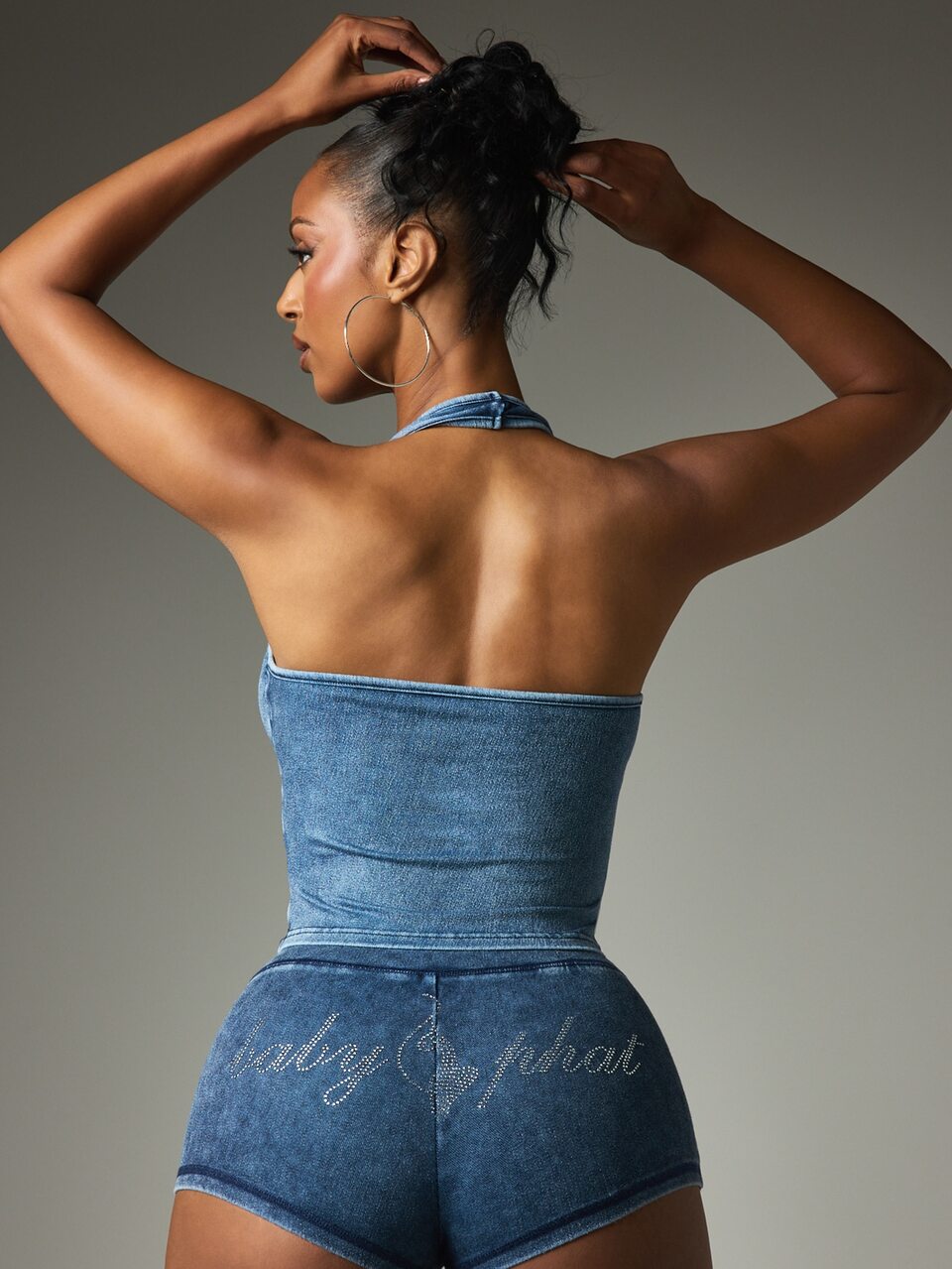 BABYPHAT Rhinestone Script Logo Denim Halter Crop Top With Scoop Neck And Open Back Summer Festival Style