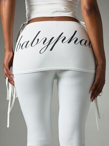 BABYPHAT Pantalones acampanados con logo, superposición de falda fruncida, bordado de gato, detalle de lazo, cintura baja, largo completo - Blanco - Ver 4