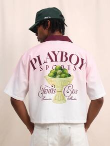 PLAYBOY X SUMWON Tennis Club 短版鈕扣襯衫，漸層漸變印花配對比領，夏季休閒款 - 粉色 - 查看 5