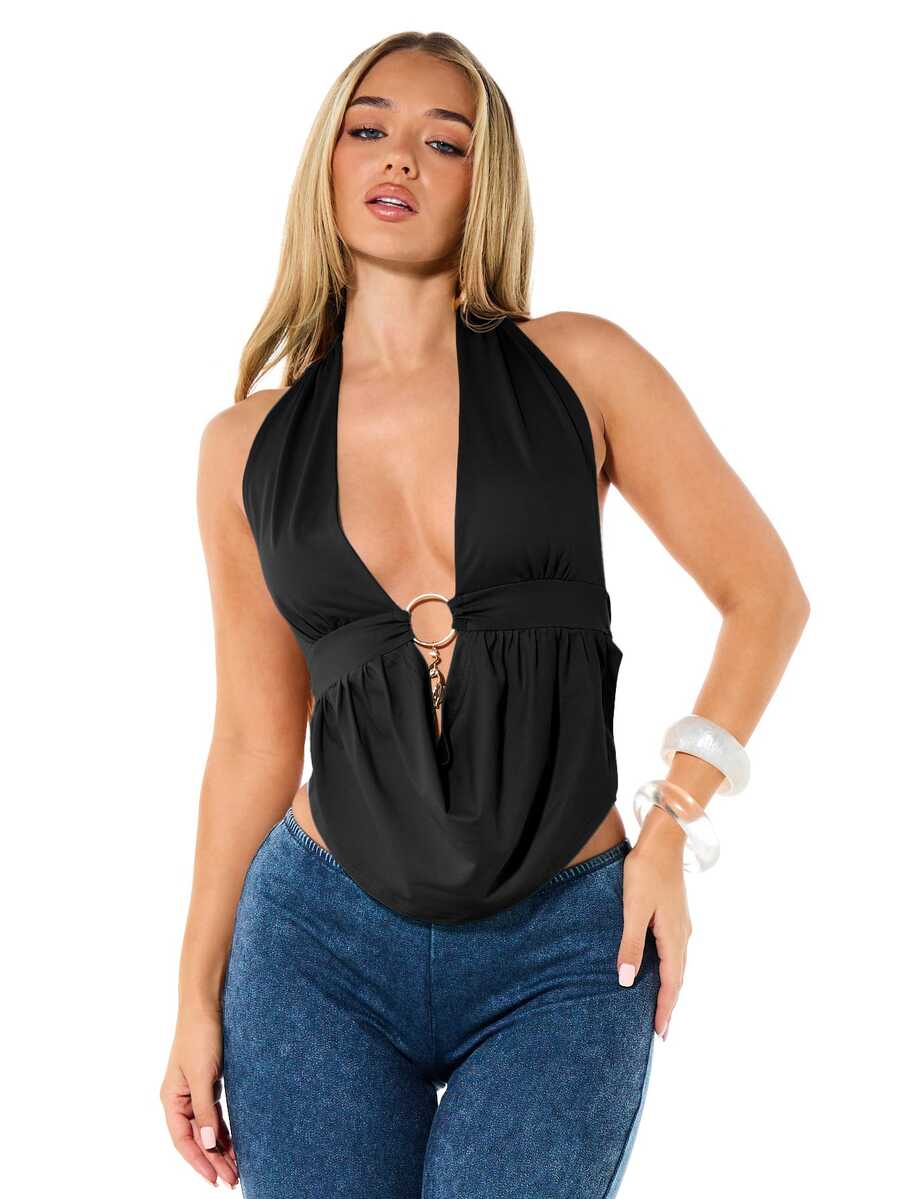 BABYPHAT Deep V-Neck Halter Top With Gold O-Ring Detail Backless Tie Back Draped Party Night Out Top - Black - View 1