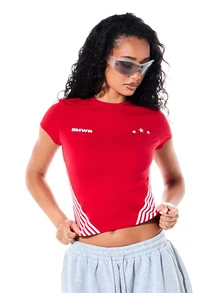 SUMWON WOMEN Star Graphic Crew Neck Short Sleeve Slim Fit Crop T-Shirt With Contrast Side Stripe Detail - Red - View 1
