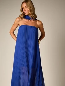 AiiRZ Plissiertes Neckholder-Maxikleid mit Schal-Bindedetail, trägerloses Abendkleid, formelle Party, Sommer-Hochzeitsgast - Blau - Übersicht 4