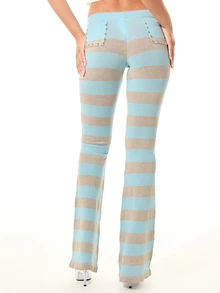 SUMWON WOMEN Striped Knit Flare Pants With Studded Pocket Detail Drawstring Waist Low Rise Bell Bottom Leg Style - Blue - View 2