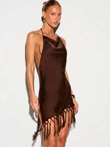 KIZN Satin Halter Mini Dress With Cowl Neck, Open Back, And Macrame Fringe Hem Detail - Chocolate Brown - View 4