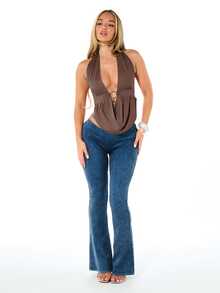 BABYPHAT Halter Neck Deep V Backless Top With Ring Detail And Tie Back Closure Summer Night Out Party Top - Chocolate Brown - View 3