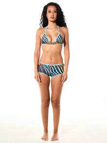 SUMWON WOMEN Triangle Bikini Set With Zebra Print Halter Neck Buckle Detail And Low Rise Cheeky Bottom Summer Swimwear - Multicolor - View 4