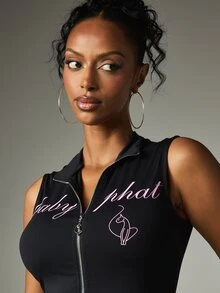 BABYPHAT Script Logo Print Sleeveless Zip-Up High Neck Crop Vest Top With Cat Graphic - Black - View 2