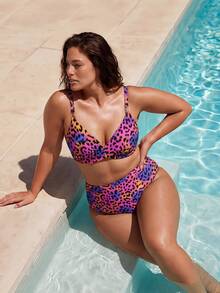 ELLERISSA Plus Size Multicolor Leopard Print Cross Front Bikini Set - Multicolor - View 6
