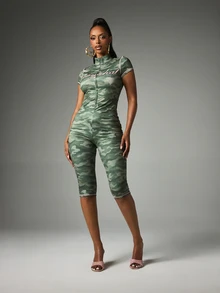 BABYPHAT Camo Print Zip-Up Jumpsuit With Cap Sleeves, High Neck, And Cropped Capri Legs, Skin Tight Fit - Army Green - View 1