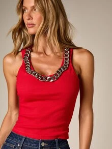 AiiRZ Ribbed Knit Sleeveless Crop Tank Top With Chunky Silver Chain Scoop Neckline Detail For Summer - Red - View 1
