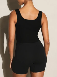 11SKNDS Ribbed Knit Square Neck Sleeveless Crop Tank Top With Metal Eyelet Detail For Summer Casual Everyday Wear Body - Black - View 5