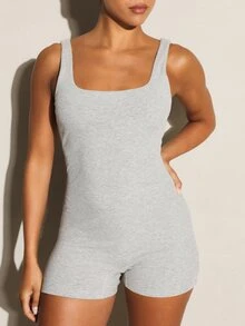 11SKNDS Ribbed Knit Square Neck Sleeveless Shorts Jumpsuit One Piece Fitted Romper Summer Casual Everyday Wear - Grey - View 4