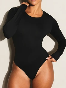 11SKNDS Long Sleeve Crew Neck Thong Form Fitting Stretch Classic One Piece Top For Date Night And Night Out Body - Black - View 1