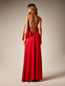 AiiRZ Halter Neck Dress With Open Back Bow Detail And Front Slit Flowing Elegant Evening Gown Party Night Cocktail Red Summer - Red - View 3
