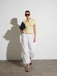 KSTM Button-Front Crew Neck Short Sleeve Fitted Crop Top Summer Casual Lightweight Knit Henley Tee Everyday Travel Pale Yellow - Pale Yellow - View 3