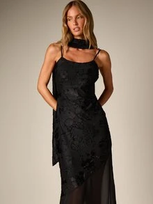 AiiRZ Floral Applique Sleeveless Maxi Gown With Sheer Chiffon Hem And Scarf Detail For Formal Evening Occasions - Black - View 2