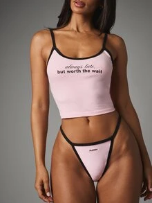 Missguided x Playboy Cami Top And Thong Set With Contrast Trim And Graphic Slogan Print Lingerie - Multicolor - View 5
