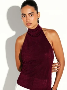 KSTM Halter Neck Backless Top With High Neck Draped Back Strap Detail Sleeveless Stretch Knit Evening Party Top - Burgundy - View 5