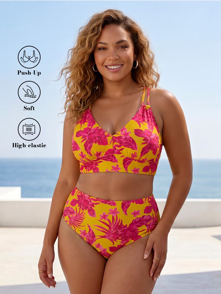 ELLERISSA Plus Size Yellow Tropical Floral Print V-Neck Cross Back High Waist Bikini Set - Multicolor - View 1