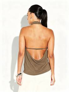 KSTM Halter Neck Ribbed Knit Top With Open Back Draped Detail And High Mock Neck For Evenings And Occasions - Brown - View 6