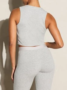 11SKNDS Ribbed Knit Sleeveless Crop Tank Top With High Crew Neckline Fitted Stretch Everyday Casual Summer Essential Body - Grey - View 5