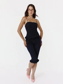 OverBlushhh Celana Capri Stretch Garis-garis Biru Tua Wanita dengan Pinggang Tinggi dan Hem Berumbai untuk Kantor, Sehari-hari, Liburan, Dansa, Brunch Musim Panas - Navy Blue - View 3