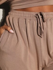 11SKNDS Casual High Rise Drawstring Shorts With Elastic Waistband And Side Pockets Mid Thigh Length Summer Loungewear Body - Camel - View 4